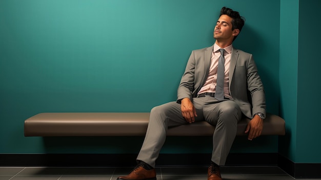 Retrato de un joven empresario sentado en un banco en una oficina