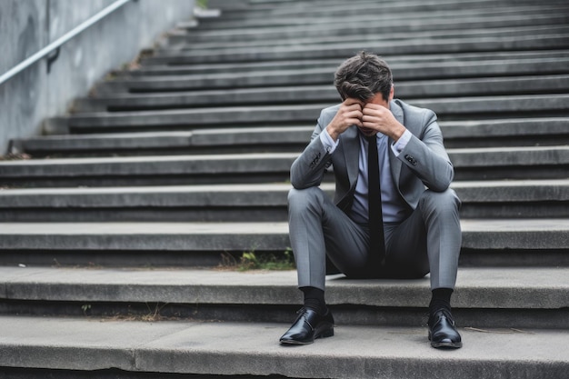 Retrato de un joven empresario sentado en las escaleras en un entorno urbano Empresario en depresión sentado en la calle de tierra escaleras de hormigón AI generado