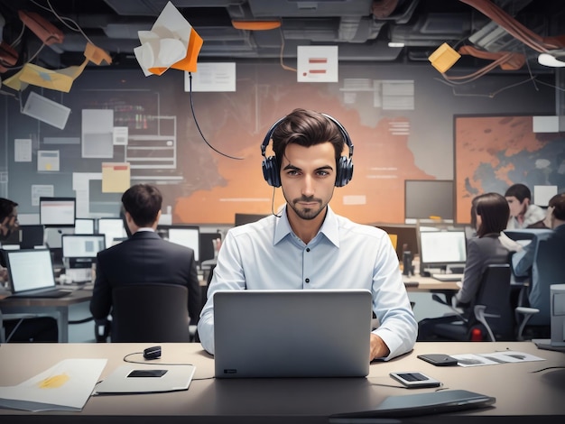 Retrato de un joven empresario serio con barba trabajando con una computadora portátil en la mesa de la oficina con un boceto del plan de negocios dibujado detrás de él