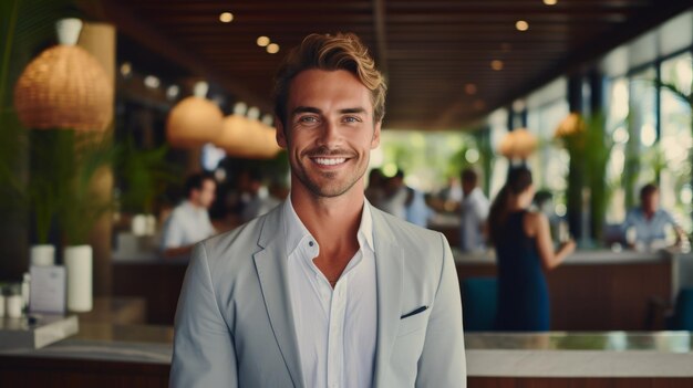 Retrato de un joven empresario sonriendo en un restaurante