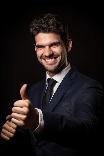 Retrato de un joven empresario sonriente mostrando los pulgares hacia arriba creado con IA generativa