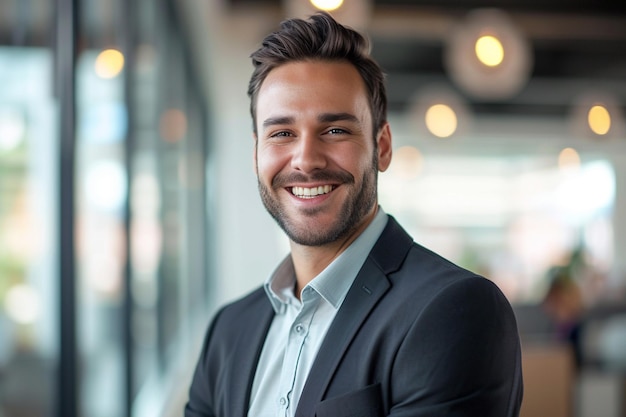 Retrato de un joven empresario sonriente de pie con las manos en los bolsillos en la oficina con IA generada