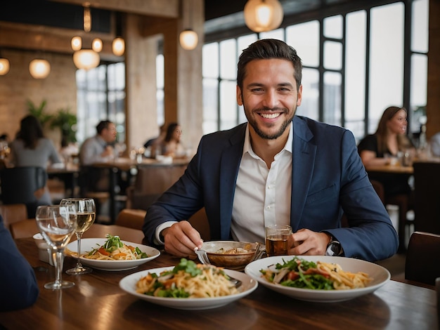 Foto retrato de un joven empresario sonriente sentado en un restaurante almorzando