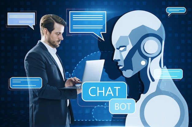 Retrato de un joven empresario usando una computadora portátil con un robot brillante creativo y un holograma de chat ai en un fondo de píxeles azules Concepto de inteligencia artificial e innovación de aprendizaje automático