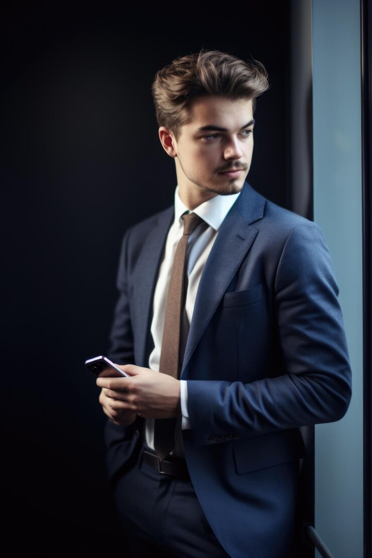 Retrato de un joven empresario usando su teléfono móvil en una oficina moderna creada con IA generativa