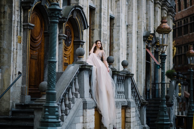 Retrato de una joven encantadora con un vestido exuberante caminando por el parque y el Gran Palacio (Bruselas)