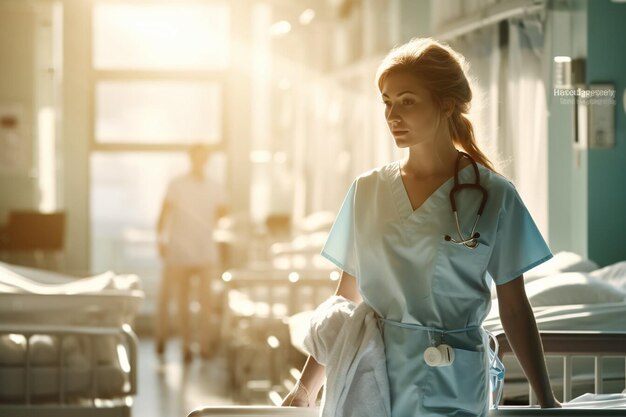 Retrato de una joven enfermera o médico con fondo borroso