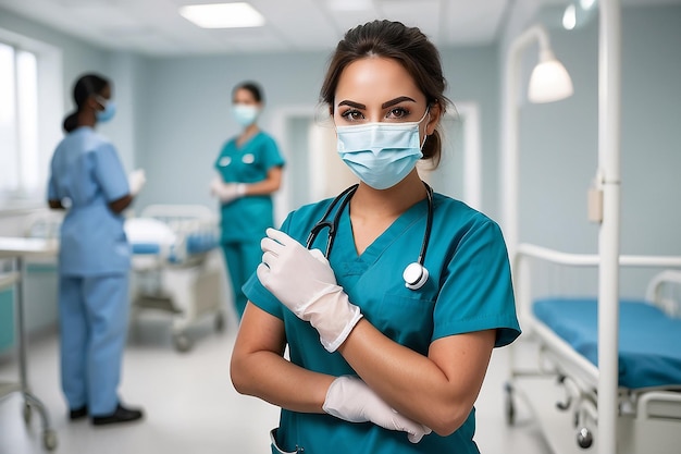 Retrato de una joven enfermera que usa una máscara y guantes mientras trabaja en un hospital