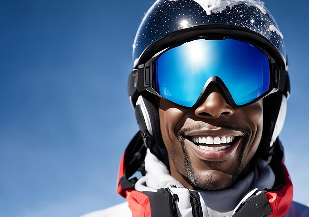 retrato de un joven esquiador negro con gafas y casco