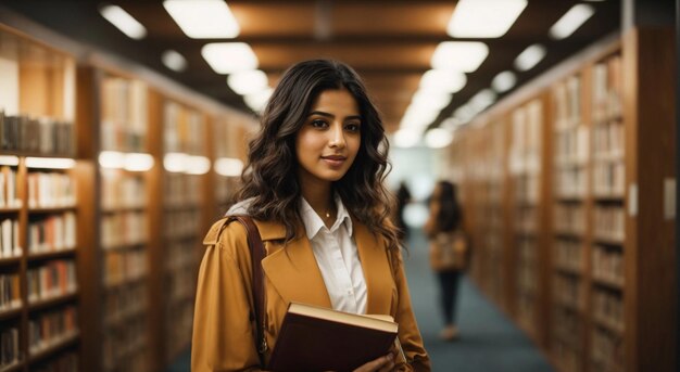 Retrato de una joven estudiante árabe con libros en una biblioteca