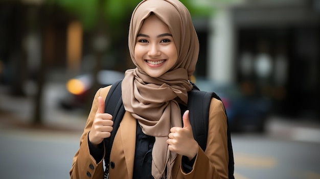 Foto retrato de una joven estudiante con hijab y pulgar levantado