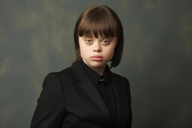 Retrato de una joven estudiante con síndrome de Down en un traje elegante en un telón de fondo profesional