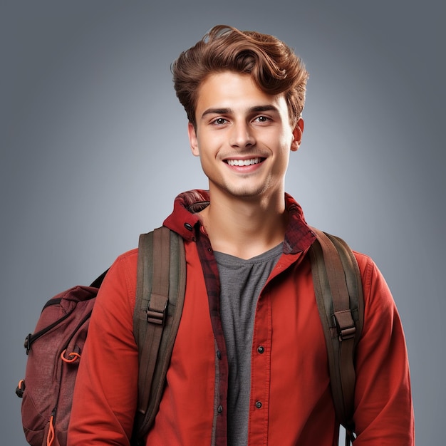Retrato de un joven estudiante universitario sonriente con una mochila
