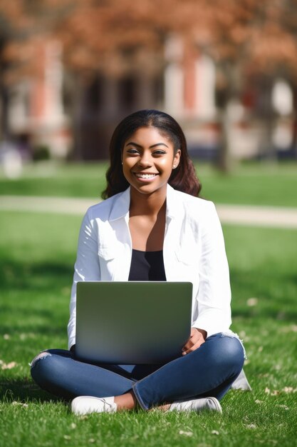 Retrato de una joven estudiante usando su computadora portátil mientras está sentada en el césped del campus