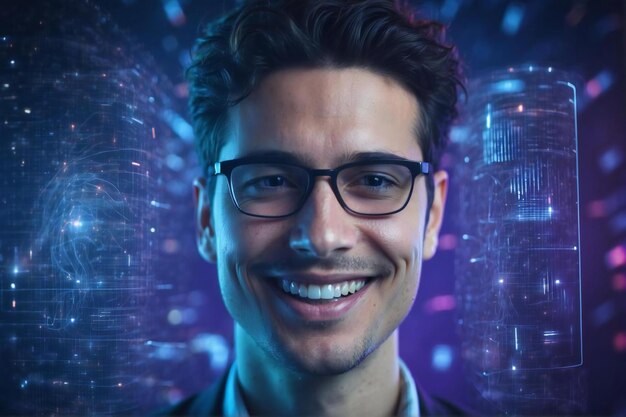 retrato de un joven experto en tecnología con gafas con un fondo futurista