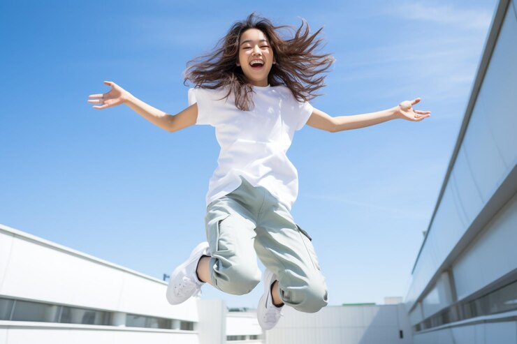 Retrato de una joven feliz y alegre vestida con una camiseta blanca celebrando el éxito y la victoria