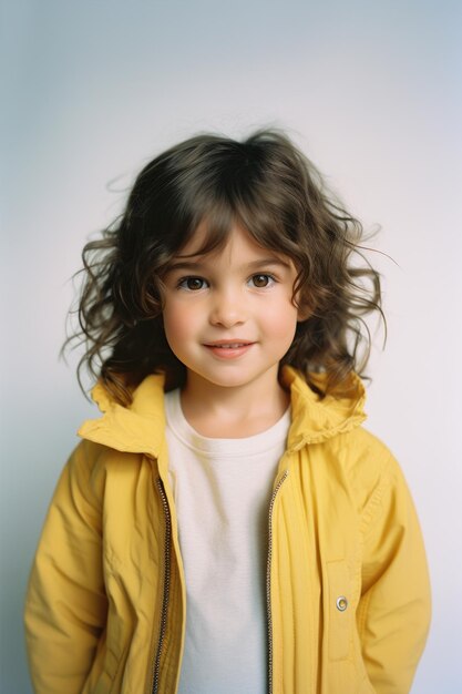 Retrato de una joven feliz con una chaqueta un niño sonriendo