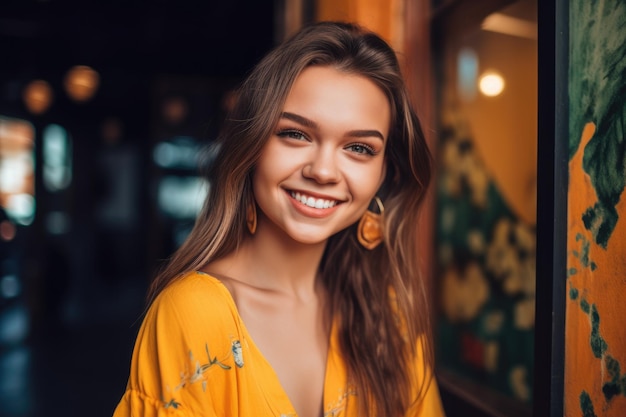 Retrato de una joven feliz y confiada posando en ella