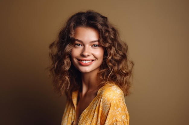 Retrato de una joven feliz y confiada posando en ella