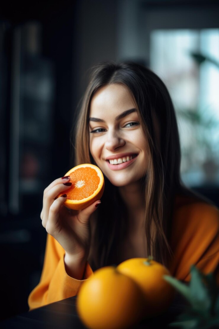 Retrato de una joven feliz disfrutando de una fruta en casa creada con ai generativo
