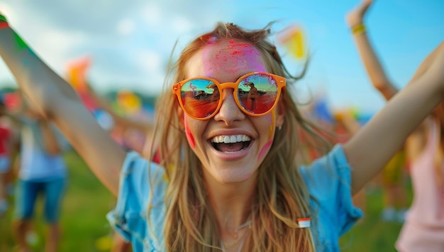 Retrato de una joven feliz divirtiéndose en el festival del color holi