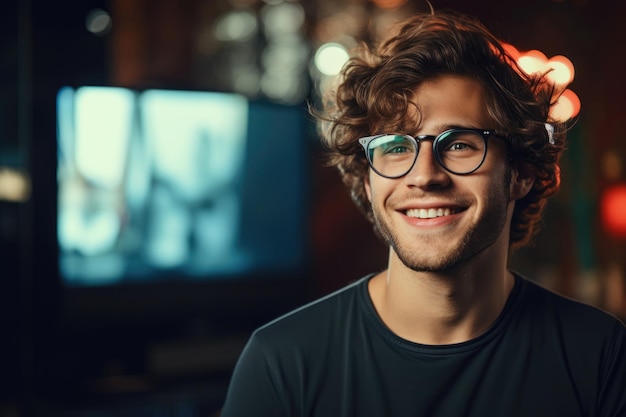 Retrato de un joven feliz con gafas sentado cerca del televisor