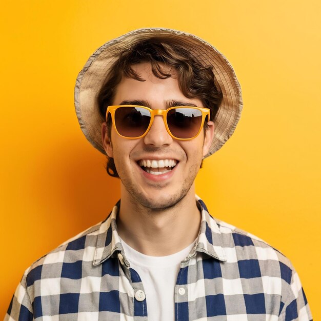 Foto retrato de un joven feliz con gafas de sol amarillas y panameños hipsters hippies personas brillantes