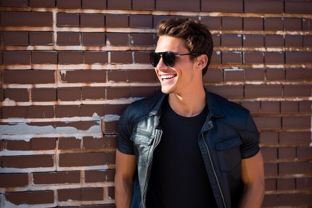 Foto retrato de un joven feliz con gafas de sol mientras está de pie contra el muro de ladrillo