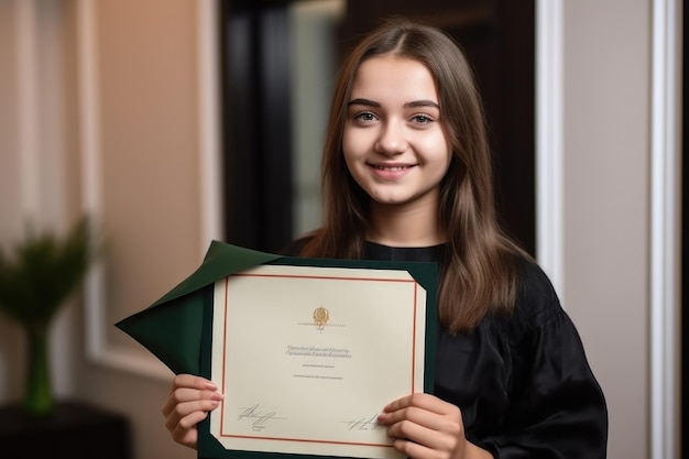 Foto retrato de una joven feliz mostrando su certificado de graduación creado con ai generativo