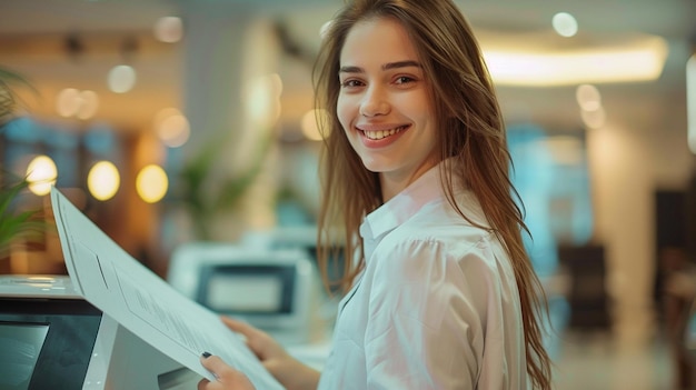 Retrato de una joven feliz mujer de negocios que trabaja en una oficina. Ella sostiene un documento para copiarlo con una impresora láser.