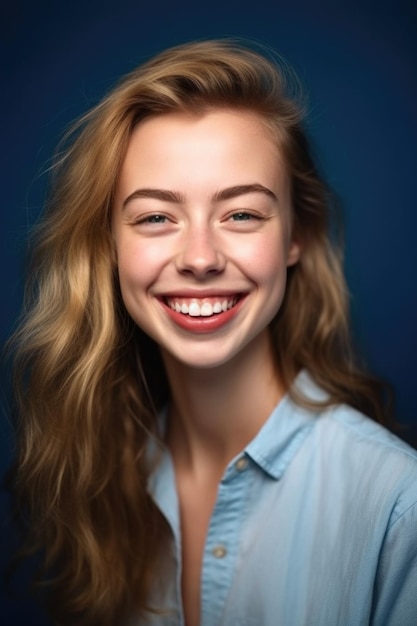 Retrato de una joven feliz de pie contra un fondo azul