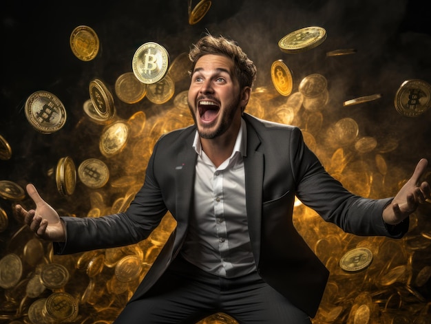 Retrato de un joven feliz de pie bajo la lluvia de Bitcoin concepto de ganancias de criptomoneda
