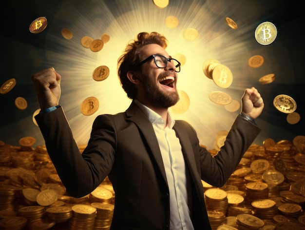 Retrato de un joven feliz de pie bajo la lluvia de Bitcoin concepto de ganancias de criptomoneda