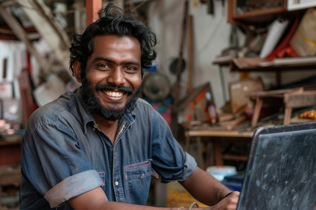 Foto retrato de un joven y feliz propietario de un taller indio trabajando en una computadora portátil