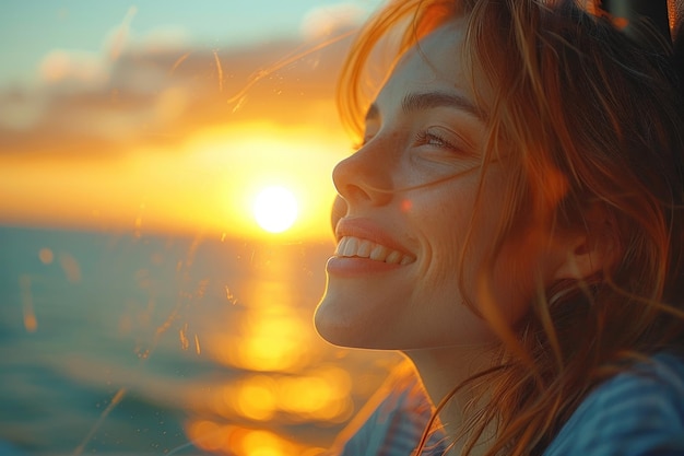 Foto retrato de una joven feliz que se brilla en el cálido resplandor de la puesta de sol que irradia sentimientos de satisfacción y paz