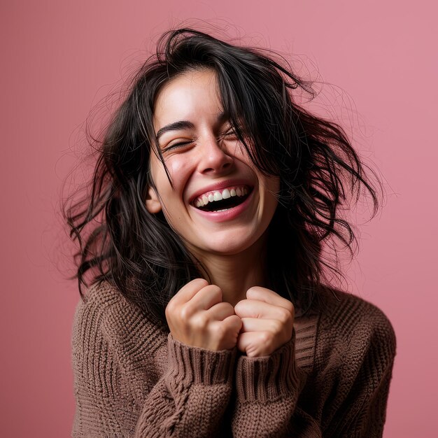 Foto retrato de una joven feliz riendo aislada en un fondo rosa