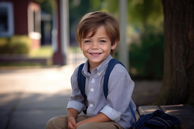 Retrato de un joven feliz sentado afuera el primer día de clases creado con IA generativa