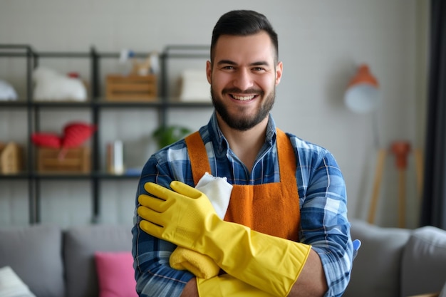 Foto retrato de un joven feliz y sonriente con guantes de goma con herramientas de limpieza y trapos de pie en la sala de estar y mirando alegremente a la cámara