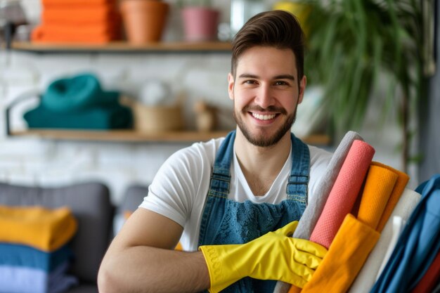 Foto retrato de un joven feliz y sonriente con guantes de goma con herramientas de limpieza y trapos de pie en la sala de estar y mirando alegremente a la cámara