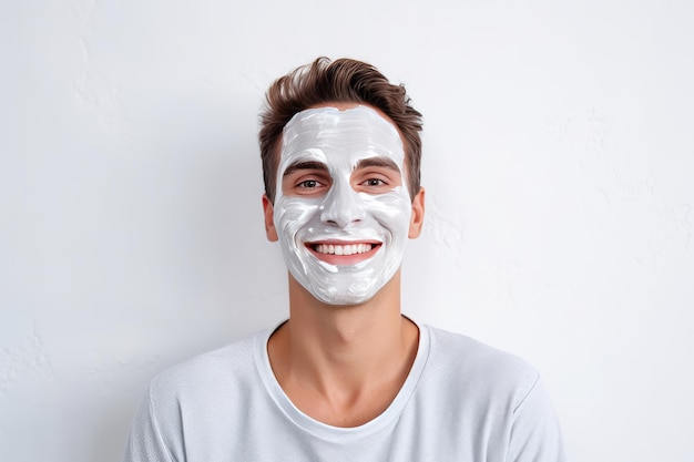 Retrato de un joven feliz sonriente sonriendo mientras mima su piel con una máscara facial