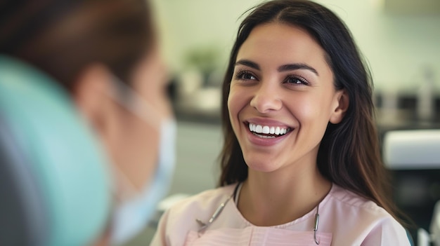 Foto retrato de una joven feliz con una sonrisa saludable sentada en una silla dental en odontología