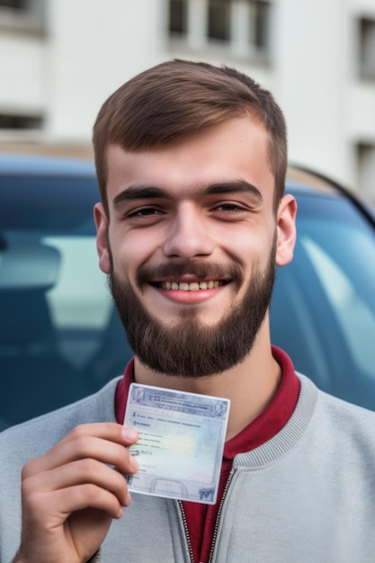 Foto retrato de un joven feliz sosteniendo su licencia de conducir creado con ia generativa
