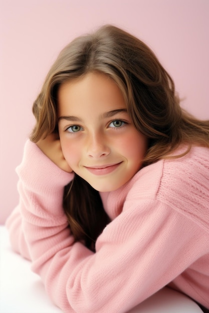 Retrato de una joven feliz con un suéter rosa un niño sonriendo