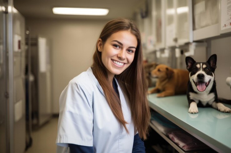 Retrato de una joven feliz trabajando en su clínica veterinaria