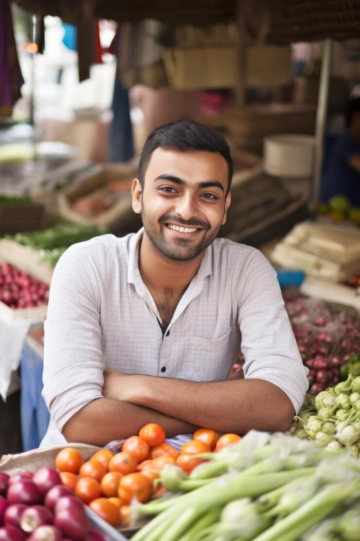 Retrato de un joven feliz trabajando en su puesto de mercado creado con ai generativo