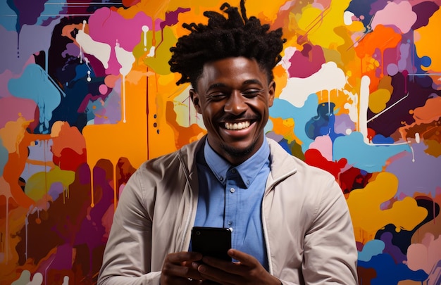 Retrato de un joven feliz usando un teléfono móvil en el estudio