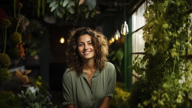Retrato de una joven florista sonriente de verde de pie en una casa de plantas