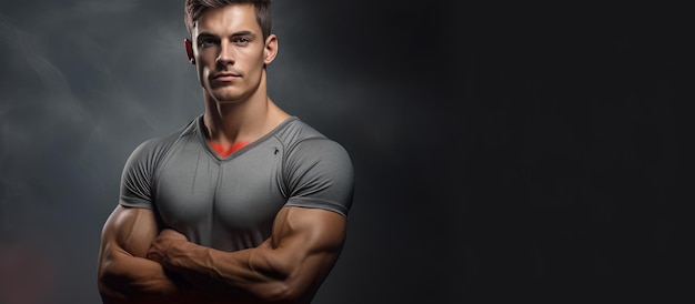 Retrato de un joven en forma posando sin camisa en un estudio con un fondo gris