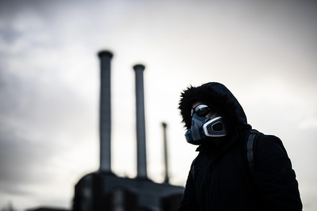 Foto retrato de un joven fotografiando contra el cielo con una máscara después del virus de la corona