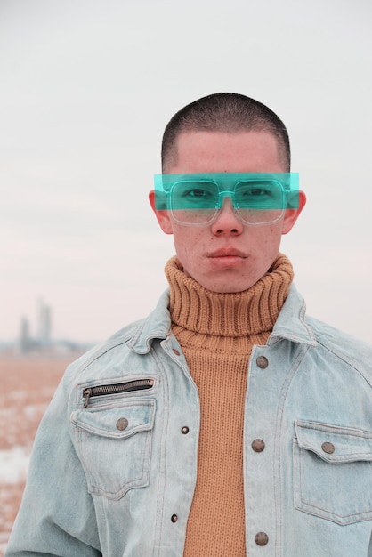 Retrato de un joven con gafas contra un cielo despejado